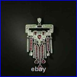 4Ct Pear Cut Lab Created Red Ruby Art Deco Pendant 14K White Gold Plated Silver