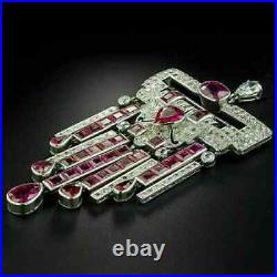 4Ct Pear Cut Lab Created Red Ruby Art Deco Pendant 14K White Gold Plated Silver