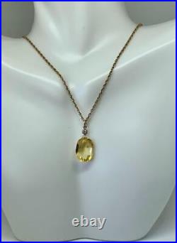 6.5 Carat Citrine Diamond Pendant Necklace 14K Gold Antique Art Deco