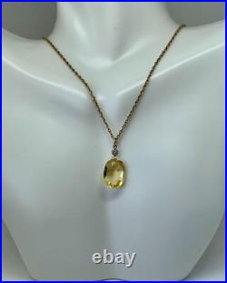 6.5 Carat Citrine Diamond Pendant Necklace 14K Gold Antique Art Deco