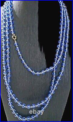 60 Art Deco Blue Pools Of Light Crystal Beads Necklace Rare Opera Length