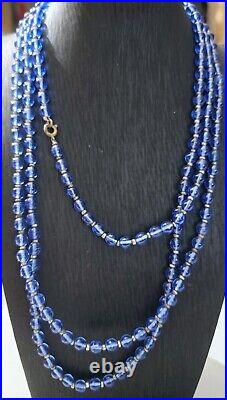 60 Art Deco Blue Pools Of Light Crystal Beads Necklace Rare Opera Length