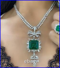 72.46CT Rare Vivid Green Colombian Emerald With Clear CZ Art Deco Bow Necklace