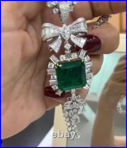 72.46CT Rare Vivid Green Colombian Emerald With Clear CZ Art Deco Bow Necklace
