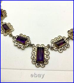 925 Mexico Silver 21 Amethyst Necklace Sterling Vintage Art Deco Style Stamped