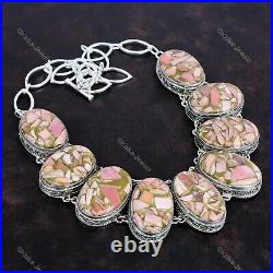 925 Silver Copper Pink Opal Gemstone Chain Art Deco Vintage New Necklace Jewelry