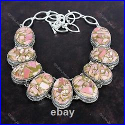 925 Silver Copper Pink Opal Gemstone Chain Art Deco Vintage New Necklace Jewelry