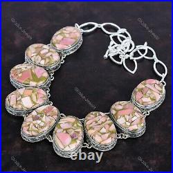 925 Silver Copper Pink Opal Gemstone Chain Art Deco Vintage New Necklace Jewelry