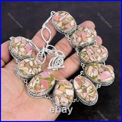 925 Silver Copper Pink Opal Gemstone Chain Art Deco Vintage New Necklace Jewelry