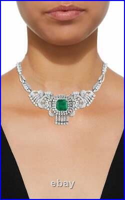 925 Silver Large 25CT Colombian Emerald and 26.31CT CZ Art Deco Vintage Necklace