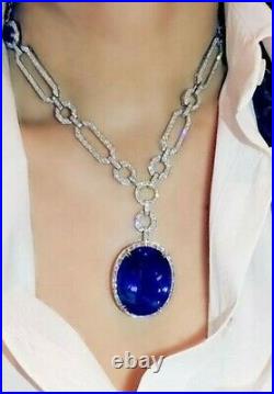 925 Sterling Silver Blue Oval Round Halo Art Deco Highend Party Necklace Women's