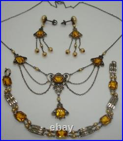 925 art deco CHOKER NECKLACE SET filagree baguette amber crystal jewel pendant