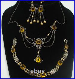 925 art deco CHOKER NECKLACE SET filagree baguette amber crystal jewel pendant