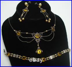 925 art deco CHOKER NECKLACE SET filagree baguette amber crystal jewel pendant