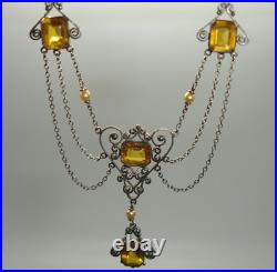 925 art deco CHOKER NECKLACE SET filagree baguette amber crystal jewel pendant