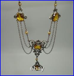 925 art deco CHOKER NECKLACE SET filagree baguette amber crystal jewel pendant