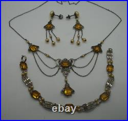 925 art deco CHOKER NECKLACE SET filagree baguette amber crystal jewel pendant