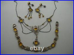 925 art deco CHOKER NECKLACE SET filagree baguette amber crystal jewel pendant