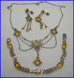 925 art deco CHOKER NECKLACE SET filagree baguette amber crystal jewel pendant