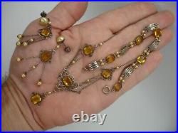 925 art deco CHOKER NECKLACE SET filagree baguette amber crystal jewel pendant