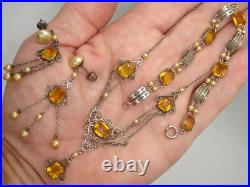 925 art deco CHOKER NECKLACE SET filagree baguette amber crystal jewel pendant