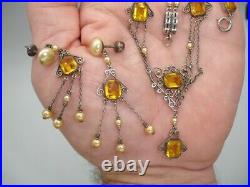 925 art deco CHOKER NECKLACE SET filagree baguette amber crystal jewel pendant