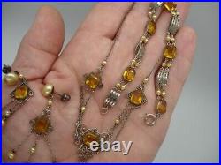 925 art deco CHOKER NECKLACE SET filagree baguette amber crystal jewel pendant