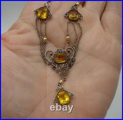 925 art deco CHOKER NECKLACE SET filagree baguette amber crystal jewel pendant