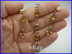 925 art deco CHOKER NECKLACE SET filagree baguette amber crystal jewel pendant