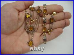 925 art deco CHOKER NECKLACE SET filagree baguette amber crystal jewel pendant