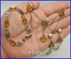 925 art deco CHOKER NECKLACE SET filagree baguette amber crystal jewel pendant