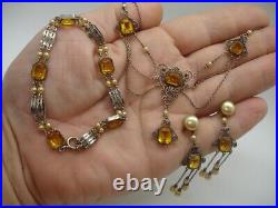 925 art deco CHOKER NECKLACE SET filagree baguette amber crystal jewel pendant