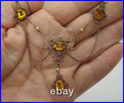 925 art deco CHOKER NECKLACE SET filagree baguette amber crystal jewel pendant