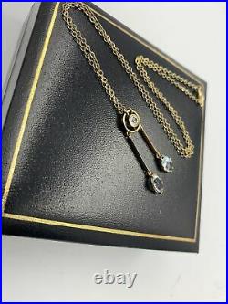9ct Gold Aquamarine Art Deco Design Pendant Drop Necklace With White Stone 18