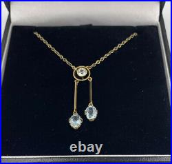 9ct Gold Aquamarine Art Deco Design Pendant Drop Necklace With White Stone 18