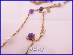 9ct gold Amethyst & Pearl heavy vintage Art deco design long flapper necklace