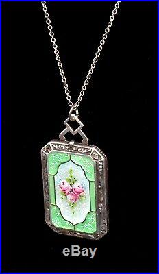 ABSOLUTELY GORGEOUS Antique ART DECO STERLING ENAMEL GUILLOCHE Locket NECKLACE