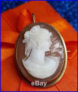 Antique 18k Gold Cameo Necklace Pendant Brooch Pin Shell Victorian Art Deco