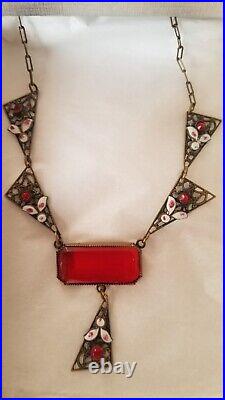 ANTIQUE 1900- 1930s Art Deco Czech Glass Enamel Pendant Necklace 15 INCH