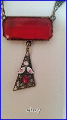 ANTIQUE 1900- 1930s Art Deco Czech Glass Enamel Pendant Necklace 15 INCH