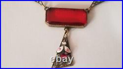 ANTIQUE 1900- 1930s Art Deco Czech Glass Enamel Pendant Necklace 15 INCH