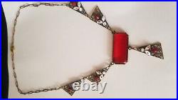 ANTIQUE 1900- 1930s Art Deco Czech Glass Enamel Pendant Necklace 15 INCH