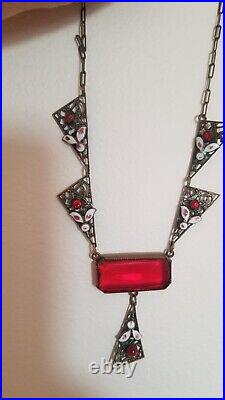 ANTIQUE 1900- 1930s Art Deco Czech Glass Enamel Pendant Necklace 15 INCH