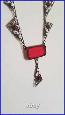 ANTIQUE 1900- 1930s Art Deco Czech Glass Enamel Pendant Necklace 15 INCH