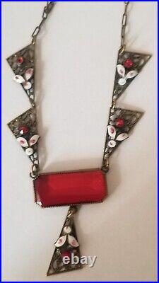 ANTIQUE 1900- 1930s Art Deco Czech Glass Enamel Pendant Necklace 15 INCH