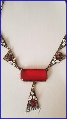 ANTIQUE 1900- 1930s Art Deco Czech Glass Enamel Pendant Necklace 15 INCH