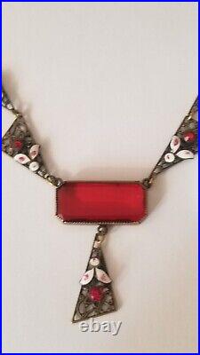 ANTIQUE 1900- 1930s Art Deco Czech Glass Enamel Pendant Necklace 15 INCH