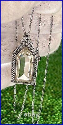 ANTIQUE 1920's ART DECO FACETED CRYSTAL PENDANT ON STERLING SILVER CHAIN 21