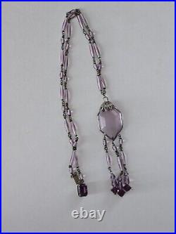 ANTIQUE 1920's ART DECO STERLING AMETHYST GLASS NECKLACE 20