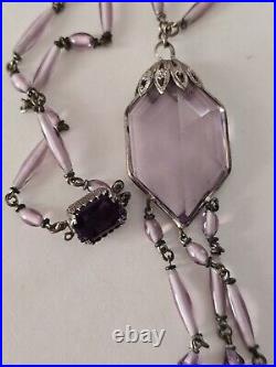 ANTIQUE 1920's ART DECO STERLING AMETHYST GLASS NECKLACE 20